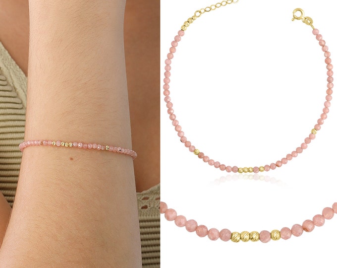 14k Gold Pink Moonstone Bracelet | Pink Natural Stone Bracelet, Opalescent Color Gemstone Bracelet, Dainty Crystal Jewelry, Graduation Gift