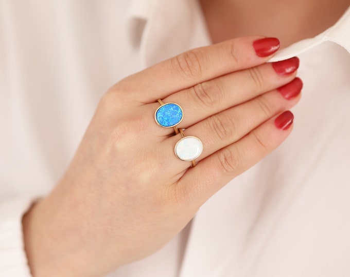 14K Gold White-Blue Opal Ring | Distinctive Minimal Jewelry, October Birthstone, Libra Zodiac Ring, Iridescence Stone, Gift For Her