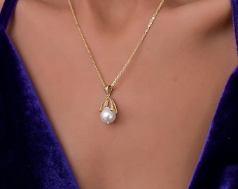 14k Gold AAA Pearl Pendant Necklace | Freshwater Cage Charm Zircon Gem Jewelry