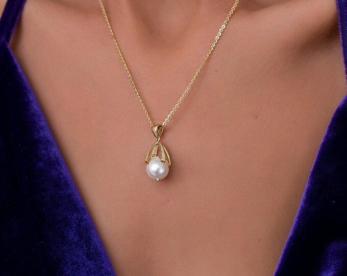 14k Gold AAA Pearl Pendant Necklace | Freshwater Cage Charm Zircon Gem Jewelry