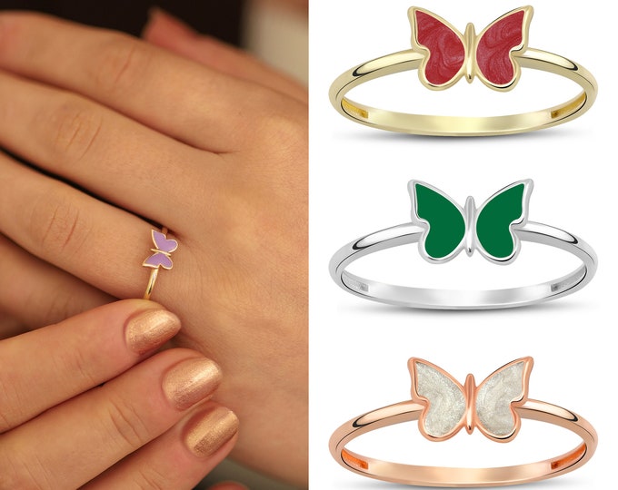 14k Gold Butterfly Ring | Dainty Multicolored Butterfly Ring, Handmade Jewelry, Special Birthday Gift, Luck & Love Symbol Ring, Gift for Her
