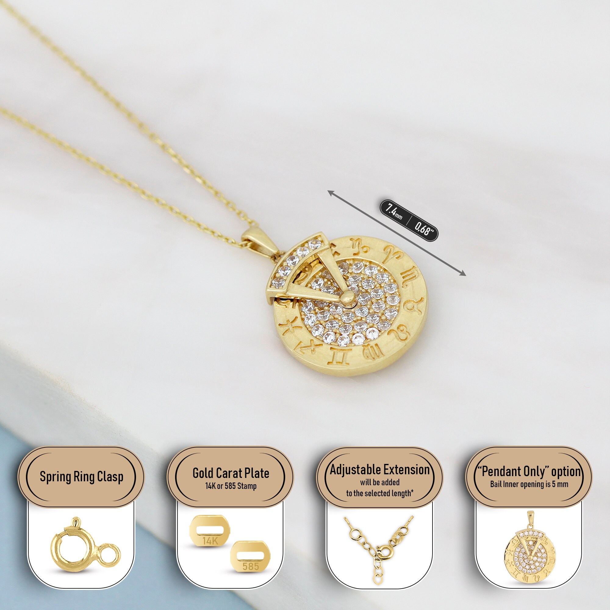 Zodiac Rotating Disc Diamond Pendant | 14k Gold Zodiac Sign