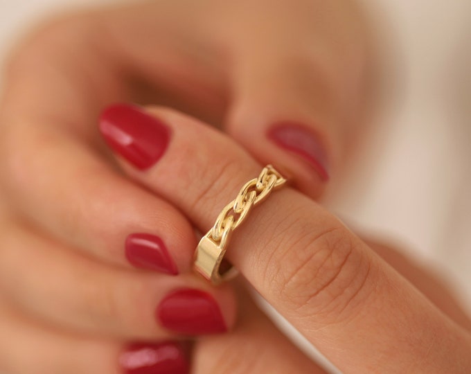 14k Gold Half Curb Chain Multifaceted Ring | Versatile Ring, Shiny Promise Ring, Stackable Eternity Jewelry, Mom Gift, Valentines Day Gift