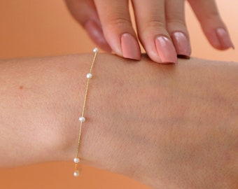 Pulsera con cuentas de perlas blancas de oro de 14 k / Joyería hecha a mano de perlas de calidad AAA, Piedra preciosa de calma, Aumento del encanto facial, Regalo de regreso a la escuela