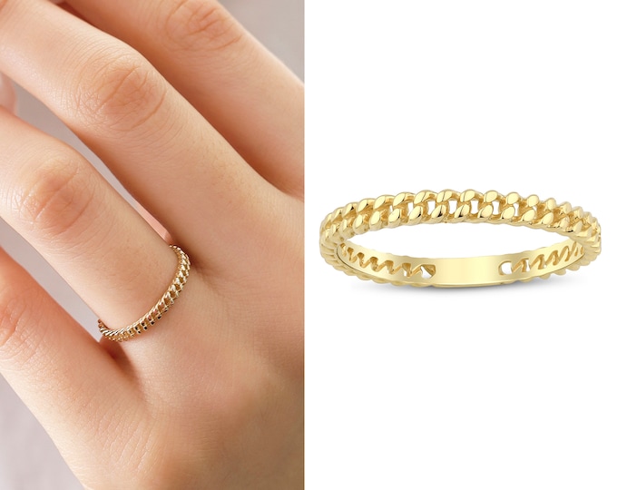 14k Gold Herringbone Ring | Curb Band Rings, Stackable Eternity Jewelry, Chain Promise Ring, Valentines Day Gift, Mom Gift, Gift for Her