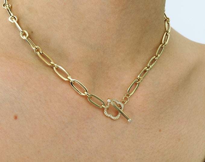 14k Gold Toggle Clasp Oval Paperclip Necklace | T-Bar, Bold Link, Elongated Link, Paperclip Chain Layering Necklace | Gift for Her