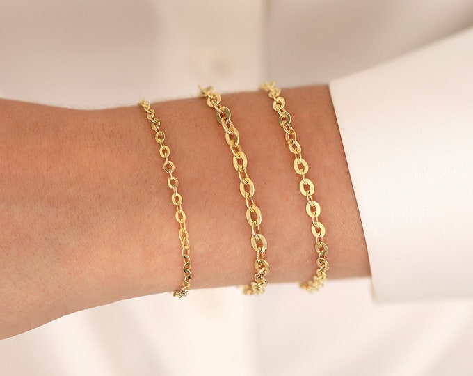 14k Gold 4mm Oval Cable Chain Bracelet | Flat Oval Cable Chain, Dainty Chain Bracelet, Elegant Gold Jewelry, Birthday Gift, Gift for Women