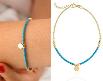 Blue TURQUOISE Bracelet w/14k Gold Beads | Engravable Coin, Personalized ZODIAC Bracelet, December Birthstone, Turkish stone, Gift for Her