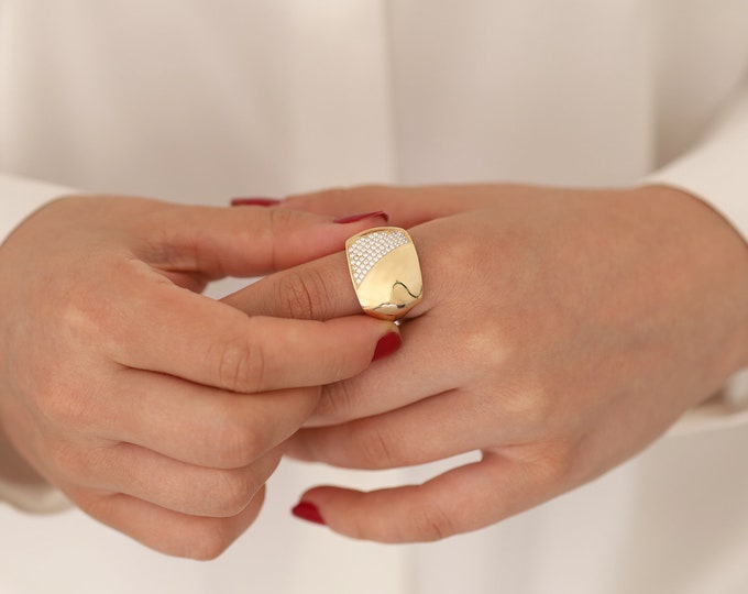 14k Gold Chunky Rectangular Dome Ring | Thick Statement Band