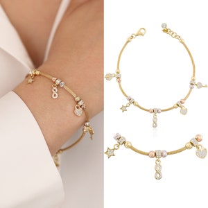 14K Gold Charm & Franco Mesh Chain Bracelet | Italian Tube Chain w/ Key, Star, 4 leaf Clover, Heart Charm, Minimalist Jewelry, Gift for Her