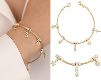 14K Gold Charm & Franco Mesh Chain Bracelet | Italian Tube Chain w/ Key, Star, 4 leaf Clover, Heart Charm, Minimalist Jewelry, Gift for Her