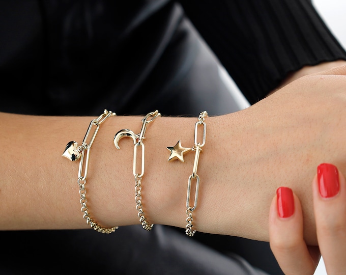 14k Gold Rolo & Paperclip Bracelet | Crescent Moon Charm Layering Jewelry