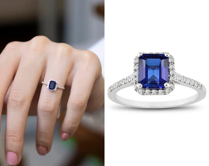 Sapphire Square Ring with Paved Diamonds Perimeter | Blue Sapphire Gemstone | 14k Bride Ring | Emerald Cut Sapphire | Valentine's Day Gift