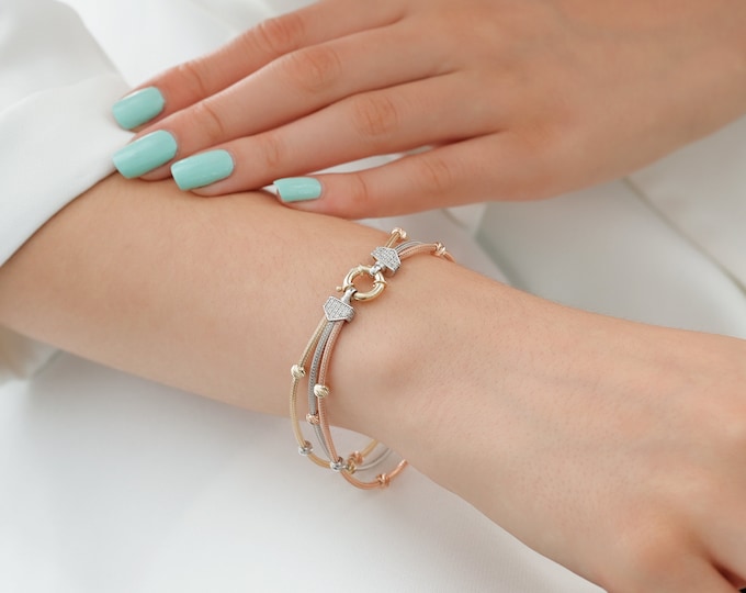 14k Gold Round Foxtail Bracelet w/ Sailor Lock | Round Mesh - Woven Tubular Chain, Multi Color Dorika Balls Beaded Bracelet, Gift For Her