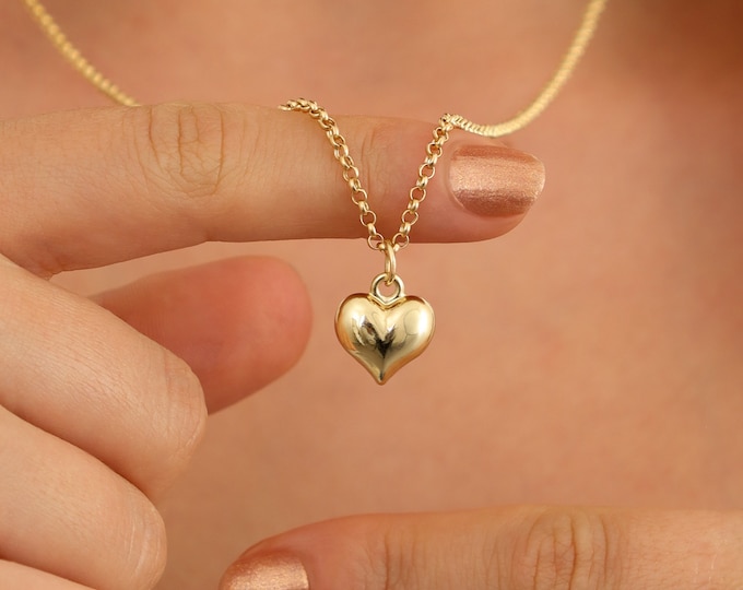 14k Gold Dainty Necklace with Heart Pendant | Rolo Chain Necklace, Puffy Heart Charm, Handmade Jewelry, Anniversary Gift, Christmas Gift
