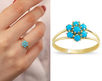 Turquoise Gold Ring | Blue Turquoise Gem Hexagon Dainty Ring | 7 Pieces Honeycomb December Birthstone, Handmade Jewelry | Gift for Her