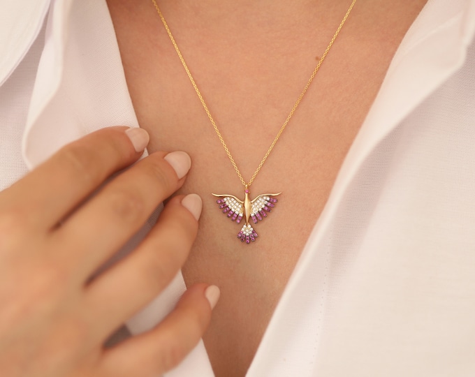 14K Gold Pink Ruby Phoenix Necklace | Small Firebird Pendant, Minimalist Blue Turquoise Simurgh Charm Pendant, Fine Jewelry, Graduation Gift