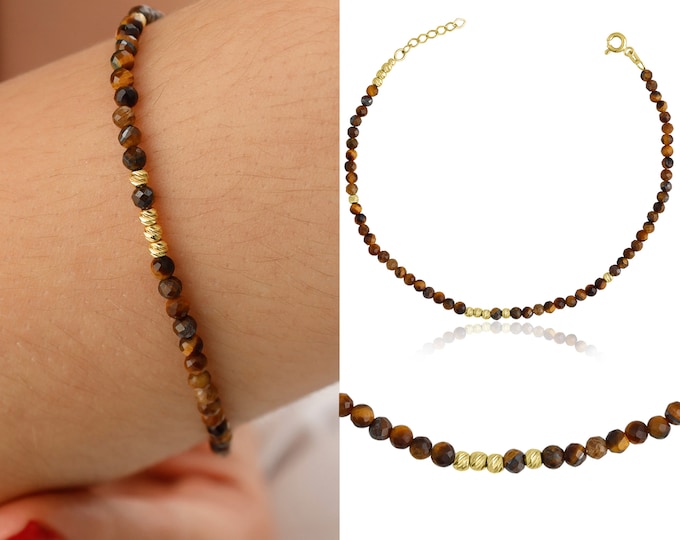 Tiger Eye Bracelet with 14k Gold Dorica Bead | Natural Stone Beaded Bracelet, Protection Gemstone Bracelet, Gemini Birthstone, Birthday Gift