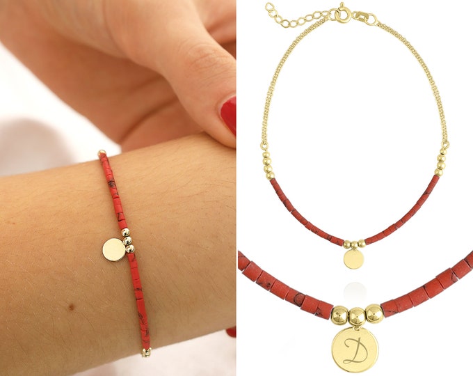 14k Gold Red Coral Bracelet w/ Beads | Engravable Coin, Personalized Disc Charm, Dainty Handmade Coral NATURAL Stone Bracelet, Gift for Her