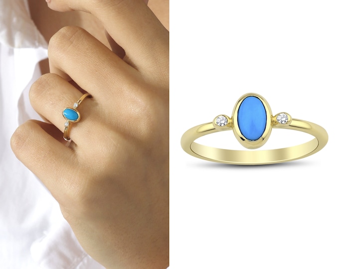 14k Gold Turquoise Gem Three Stone Ring with Zircon | Turkish stone Statement Ring, Elegant Jewelry, Christmas Gift, Mom Gift, Gift for Her