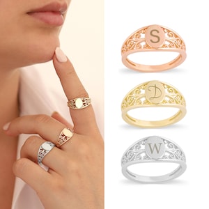 14K Gold Engravable Vintage Name Ring | Personalized Initial Stacking Ring, Ornament Carved Statement Ring, Minimalist Jewelry, Gift for Her