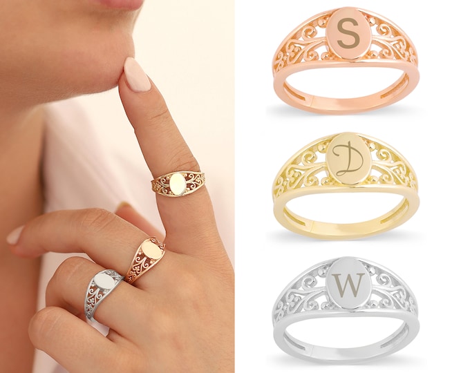 14K Gold Engravable Vintage Name Ring | Personalized Initial Stacking Ring, Ornament Carved Statement Ring, Minimalist Jewelry, Gift for Her