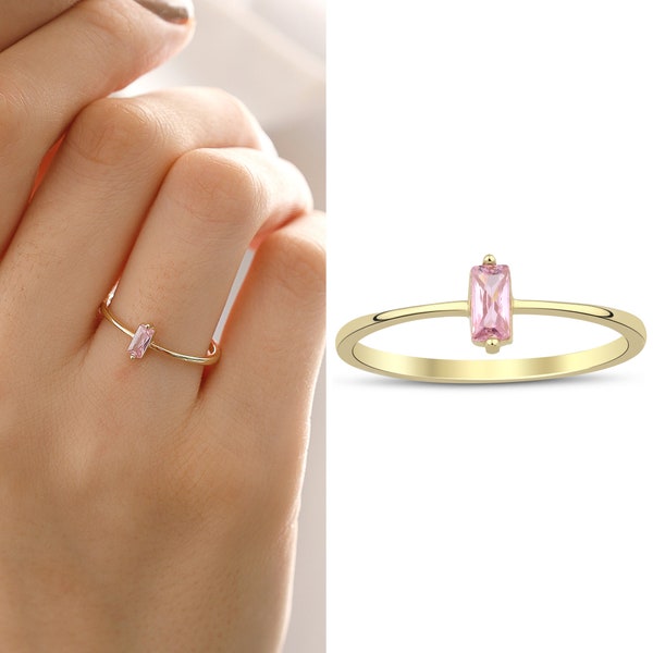 14k Gold Pink Zircon GEMRing | Dainty BAGUETTE Flashy Rings, Stackable Style Minimalist Jewelry, Christmas Gift, Birthday Gift, Gift for Her