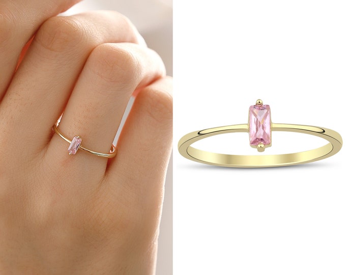 14k Gold Pink Zircon GEMRing | Dainty BAGUETTE Flashy Rings, Stackable Style Minimalist Jewelry, Christmas Gift, Birthday Gift, Gift for Her