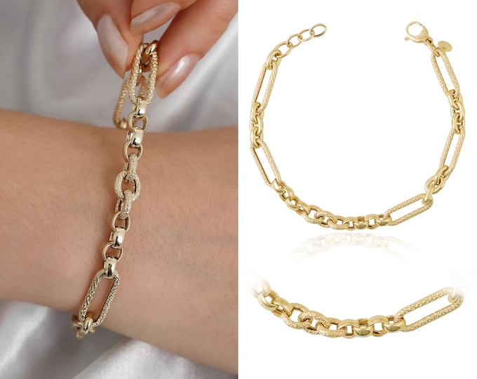 14K Gold Dorica Link Bracelet | Sparkle Thick Chain Jewelry, Luxurious Design, Long Paperclip & Oval Bracelet, Graduation Gift, Gift For Her