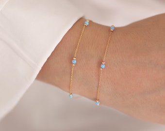 14k Gold Light Blue Opal Round Bracelet | White & Blue Opal Bracelet, October Birthstone, Zodiac Bracelet, Elegant Jewelry, Gift for Her