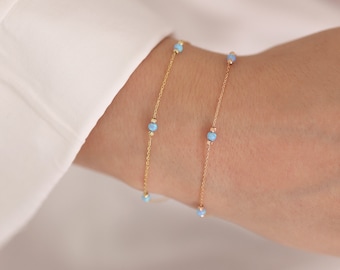14k Gold Light Blue Opal Bracelet | October Birthstone Dainty Gem Jewelry
