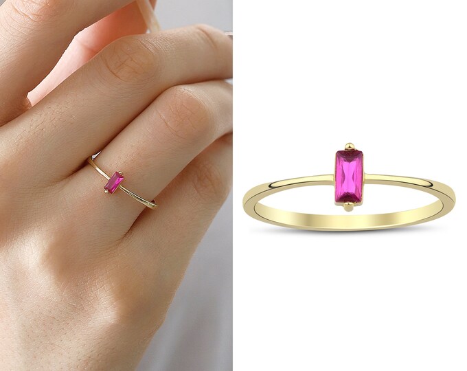 14k Gold Magenta Zircon Ring | BAGUETTE GemStone, Stackable Dainty Rings, Minimalist Jewelry, Christmas Gift, Special Day Gift, Gift for Her