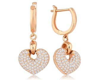 14k Gold Puffy Heart Earrings | Zircon Paved Dangling French Clip Design