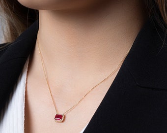 14k Gold Red Ruby Baguette Pendant Necklace | Bridesmaid Gift
