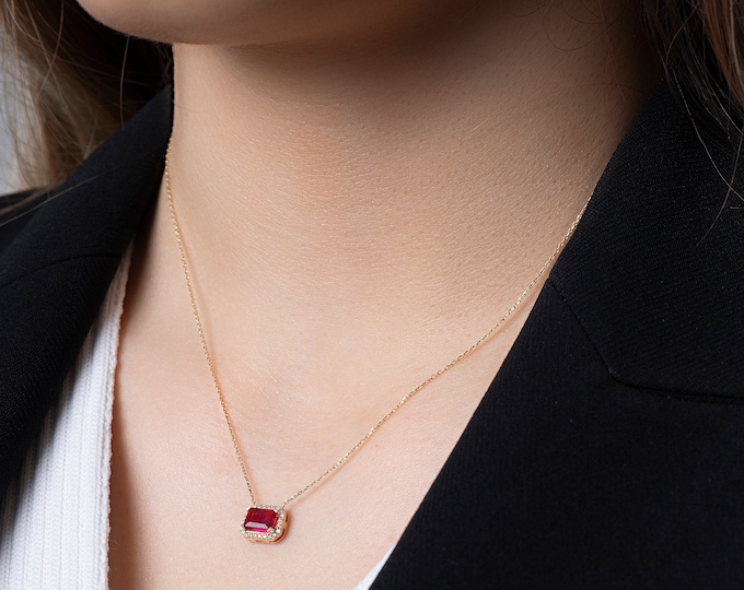14k Gold Red Ruby Baguette Pendant Necklace | Bridesmaid Gift