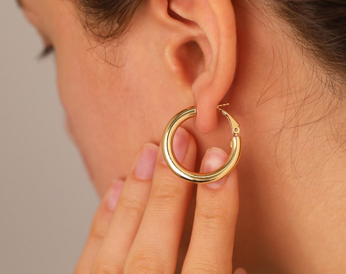 14K Gold Thick Hoop Earrings | Sturdy-Fashionable Jewel, Chunky Earrings, Daily Use Jewelry, Chic Design, Graduation Gift, Gift for Daughter