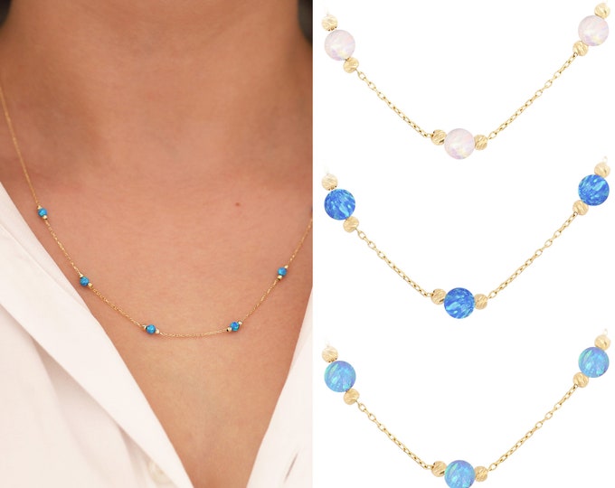 14k Gold Dark Blue Opal Round Necklace | White & Light Blue Opal Beaded Necklace, October Birthstone, Elegant Zodiac Jewelry, Gift for Her