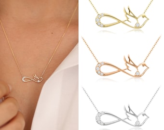 14k Gold Infinity Bird Necklace | Infinity Symbol Shaped Bird Necklace, Gold Pigeon Pendant, Minimalist Gold Bird Necklace, Anniversary Gift