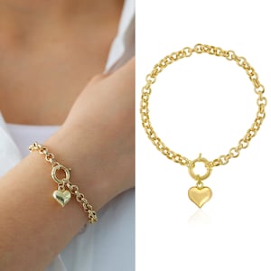 14k Gold Rolo Link Bracelet with Heart Charm | Thick Belcher Chain Bracelet, Sailor Lock Clasp, Puffy Heart Charm, Graduation Gift for Her