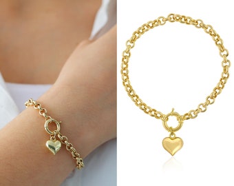 14k Gold Rolo Link Bracelet with Heart Charm | Thick Belcher Chain Bracelet, Sailor Lock Clasp, Puffy Heart Charm, Graduation Gift for Her