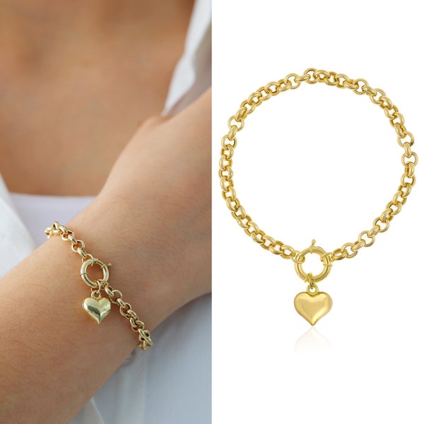 14k Gold Rolo Link Bracelet with Heart Charm | Thick Belcher Chain Bracelet, Sailor Lock Clasp, Puffy Heart Charm, Graduation Gift for Her