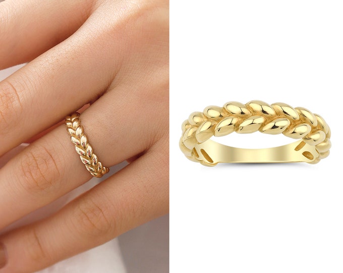 14k Gold Bold Braid Textured Rope Ring | Stackable Dome Band Rings, Thick Chunky Rings, Valentines Day Gift, Birthday Gift, Gift for Her