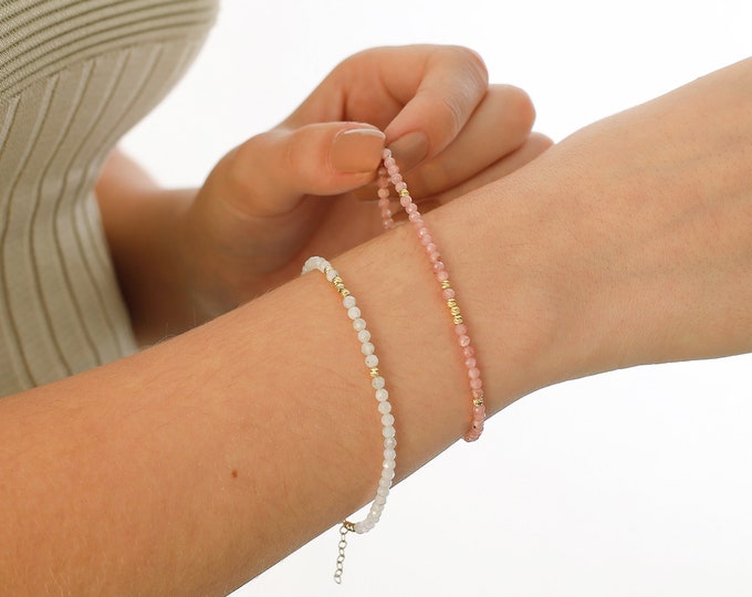 14k Gold Pink Moonstone Bracelet | Pink Natural Stone Bracelet, Opalescent Color Gemstone Bracelet, Dainty Crystal Jewelry, Graduation Gift