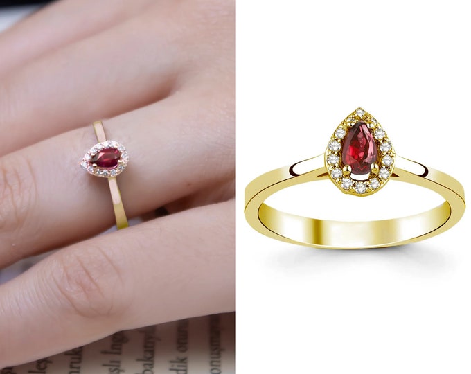 14k Gold Red Ruby Diamond Gem Proposal Ring jewelry  | Ruby Statement Ring | Teardrop Cut Ruby Bride Wedding Ring, July Birthstone Ring Gift