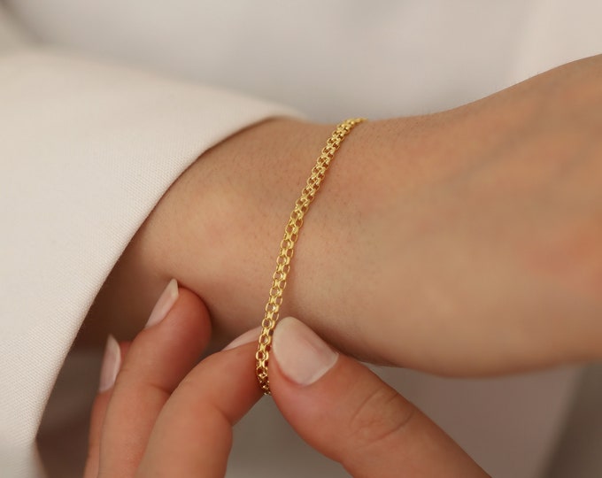 14k Gold Bismarck Chain Bracelet | 3mm Dainty Italian Mesh Chain, Vintage Look Flat Link Unisex Bracelet, Birthday Gift