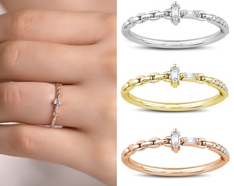 18k Gold Diamond Baguette Chain Ring | Solid Gold Band, Link Design Band, Wedding Ring, Anniversary Gift, Minimalist Diamond | Gift for Her