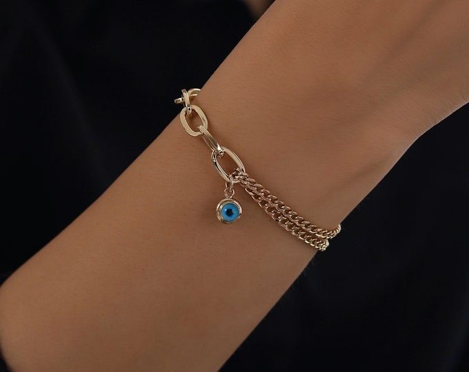 Large Link Bracelet with Curb Chain | 14k Gold Evileye Charm Protection Talisman Bracelet with Lobster Clasp Double Chain | Gift for Her