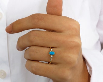 14k Gold Turquoise Three Stone Ring | Oval Gem with Zircon Accents, Vintage Design