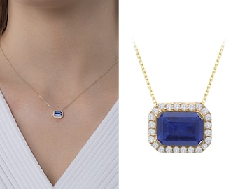 14k Gold Blue Sapphire CZ Gemstone Necklace | Handmade Jewelry, Dainty Blue Pendant, Sapphire Baguette Cut Pendant, Birthday Jewelry Gift