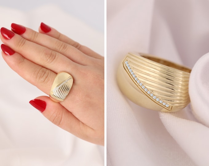 14k Gold Striped Dome Ring | Thick Statement Ring, Row Stone Gold Ring, Shiny and Bold Jewelry, Mom Gift, Engagement Gift, Gift for Her